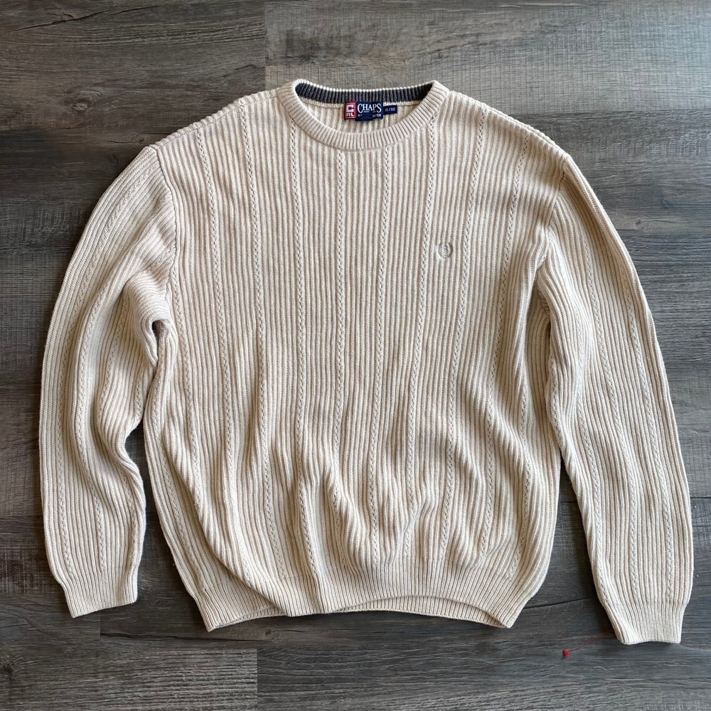 Vintage Chaps Ralph Lauren Men's Knit Sweater XL Beige 100% Cotton